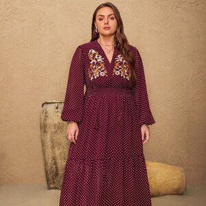 Plus Size Embroidered Polka Dot Tie Neck Long Sleeve Midi Dress